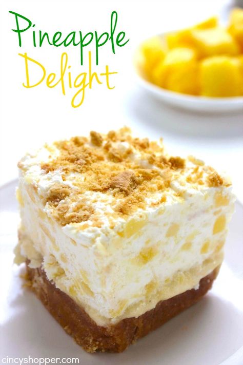 Delicious Dishes Recipe Party 24 Pineapple Delight, Pineapple Dessert Recipes, Biscuits Graham, Pineapple Desserts, Pineapple Recipes, Dessert Aux Fruits, Cloud Bread, Cold Desserts, Piece Of Cake