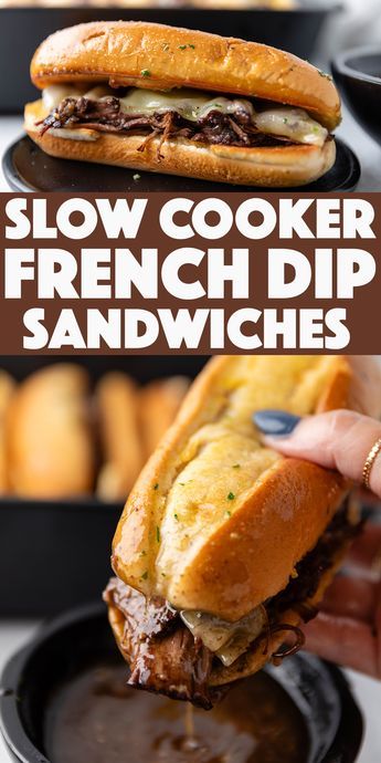 Slow Cooker French Dip Sandwiches - flavor-packed slow cooker french dip sandwiches with melted provolone cheese and toasted garlic bread rolls. Low Sodium French Dip Sandwich, French Tip Sandwiches, French Dip Pressure Cooker, French Dip With Roast Beef, Tri Tip French Dip Sandwich, Crockpot Beef For Sandwiches, French Dip Sandwich Oven, Leftover Prime Rib Recipes Sandwiches, French Dip Sliders Hawaiian Rolls