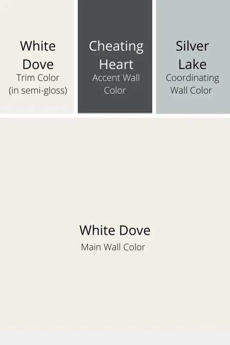 Benjamin Moore pairs White Dove with Cheating Heart (a dark gray color) and Silver Lake (a silvery shade), for a bold, minimalistic palette. White Dove Benjamin Moore Walls, White Dove Benjamin Moore, Benjamin Moore Exterior, Dove Painting, Greige Paint Colors, Benjamin Moore White, Paint Your House, House Color Palettes, Benjamin Moore Colors