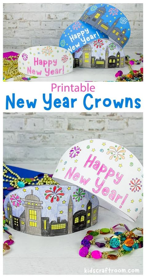 Celebrate the New Year with a Printable New Year's Eve Crown! There are 4 fun designs all covered in fireworks! It's the perfect New Year's Eve craft for kids. #kidscraftroom News Years Crafts For Kids, New Year's Eve Crafts, New Year Headband, Flower Snowflake, New Years Hat, New Years Eve Games, Free Printable Crafts, Kids Craft Room, Headband Crafts