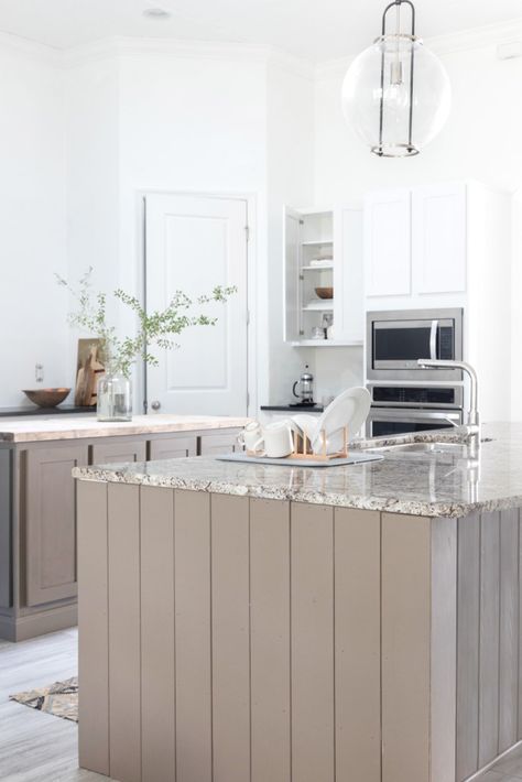 taupe kitchen island Kitchen With Wallpaper, Shiplap Island, Carpentry Details, Taupe Kitchen Cabinets, Restoration House, Vertical Shiplap, Taupe Kitchen, Co Living, Light And Dwell