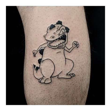 Sabrina Parolin on Instagram: “IIIIIIT'S REPTAR!!! 🦖🏢 🥣 Thank you so much Matthew! I've been having so much fun with these cartoon flash pieces 😁 . #bloodclubb #tattoo…” Reptar Drawing, Reptar Tattoo, Cartoon Flash, I Tattoo, Thank You So Much, Tatting, Vault Boy, Tattoo Ideas, Flash