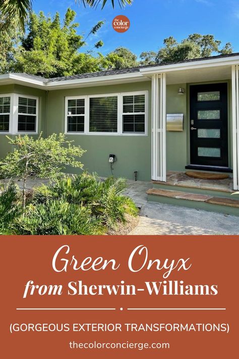 Explore a real-world example of a Sherwin-Williams Green Onyx exterior color palette and learn how to choose the right exterior paint colors for your home [2024 paint color trends, dark farmhouse exterior, house design exterior, rustic exterior house colors, modern house design exterior, 70s ranch exterior remodel, contemporary house exterior, exterior house design, house aesthetic exterior, modern colonial exterior, cottage exterior, bloxburg house exterior, paint colors for home] Green House Exterior Door Color, Olive House Exterior, Green Stucco House Exterior, Green Ranch House Exterior, Modern Green Exterior, Unique Exterior House Colors, Exterior House Colors Modern, Rustic Exterior House, Olive Green House Exterior