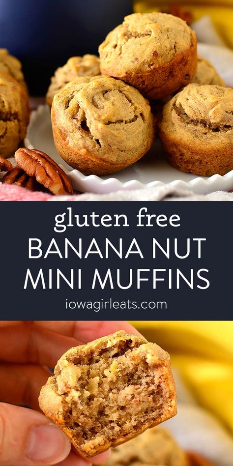 Gluten Free Banana Nut Mini Muffins are soft, squishy, and irresistable! Perfect for a quick gluten free breakfast or snack. Naturally sweetened and easily made vegan, too. | iowagirleats.com keywords: breakfast ideas, breakfast recipes, gluten free baking, gluten free muffins Mini Banana Muffins, Gluten Free Banana Muffins, Pan Sin Gluten, Banana Nut Muffins, Gluten Free Breakfast, Iowa Girl Eats, Gluten Free Banana, Gluten Free Muffins, Vegan Banana