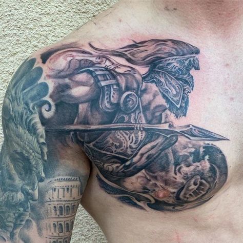 101 Amazing Spartan Tattoo Designs You Need To See! | Outsons | Men's Fashion Tips And Style Guide For 2020 Warrior Chest Tattoo, Chest Piece Tattoo, Sparta Tattoo, Shoulder Armor Tattoo, Underarm Tattoo, Warrior Tattoo Sleeve, Roman Tattoo, Gladiator Tattoo, Chest Tattoo Ideas