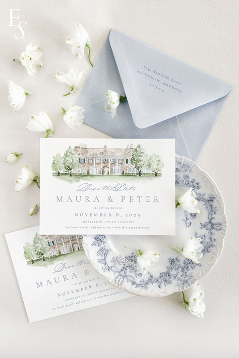 Exclusive offer: customize your save the date with a watercolor of your wedding venue! Watercolor Save The Date, Paper Cocktail Napkins, Fine Stationery, Rehearsal Dinner Invitations, Save The Date Invitations, Custom Watercolor, Save The Dates, Letterpress Printing, Wedding Stationary