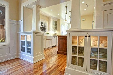 I really like the storage space here. Maybe we can do this on one wall when we open it instead of having two bar areas Half Wall Cabinet Room Divider, Half Wall Built In Cabinets, Craftsman Built In Cabinets, Half Wall Storage Ideas, Half Wall Cabinets, Half Wall With Columns, Condo Entrance, Load Bearing Wall Ideas, Half Wall Kitchen