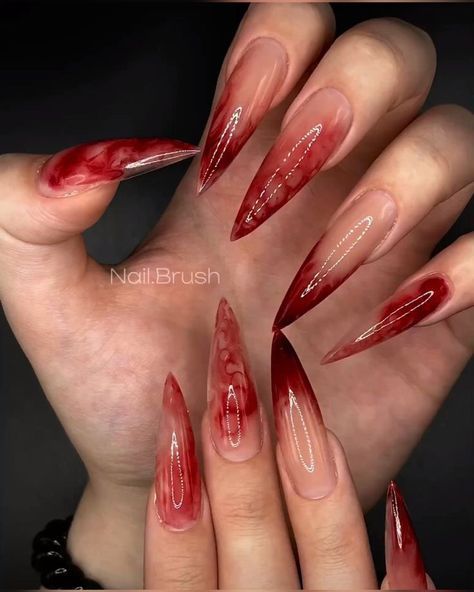 Blood Nails Acrylic, Blood Nails Design, Vampire Teeth Nails, Berserk Nails, Vampire Nails Designs, Dracula Nails, Horror Themed Nails, Gory Nails, Werewolf Nails