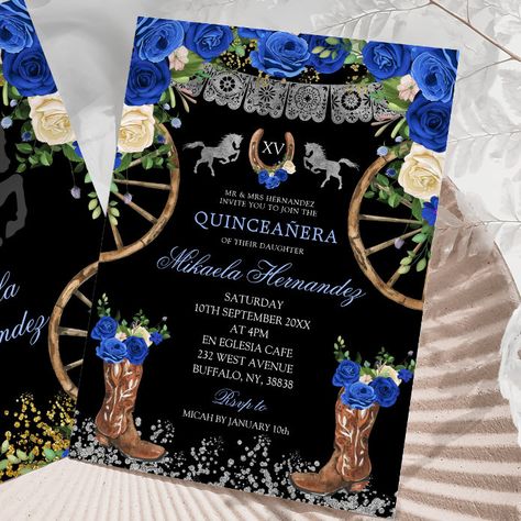 Black Navy Blue and Silver Charra Quinceañera Invitation - tap, personalize, buy right now! #Invitation #quincea&241;era #invitation, #western #mis #quince Quince Entrance, Navy Blue Quinceanera Ideas, Black Quinceanera Theme, Quinceanera Songs, Blue Quinceanera Ideas, Quince Invite, Quince Planning, Horse Invitations, 18th Party