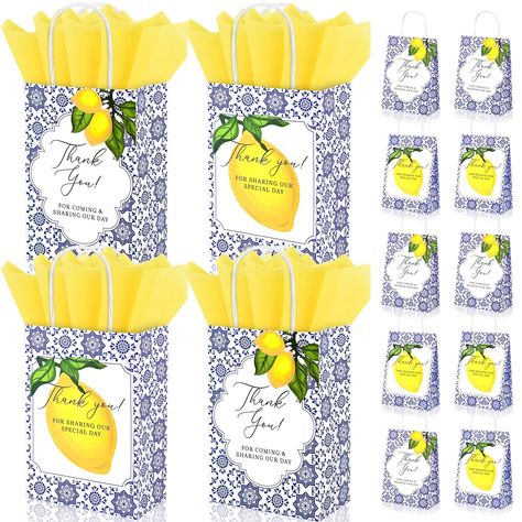 PRICES MAY VARY. 🍋【What You'll Get】: The package includes 24 pieces of lemon thank you gift bags and 24 sheets of yellow tissue papers totally, a great combination for your packaging needs at daily life. 🍋【Size Information】: Each of our lemon thank you gift bags is about 5.9 × 3.2 × 8.3 inches/ 15 × 8 × 21 cm, whose proper size could carry small gifts, candies, snacks, etc. Each tissue paper is about 28 × 20 inches. 🍋【Lemon & Morocco Theme】: Our paper gift bags feature moroccan mosaic style w Mediterranean Party Theme, Amalfi Coast Party, Lemon Themed Birthday Party, Amalfi Coast Baby Shower Theme, Morocco Theme, Blue And White Lemon Theme, Lemon Blue Tile Theme, Lemons Wedding, Blue Tile Lemon Theme Party