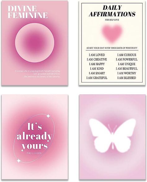 KEUSPI Daily Affirmations Heart Divine Feminine Pink Aura Energy Gradient Y2K Minimalist Wall Art Poster Prints for Bedroom Dorm Decor,Spiritual Decorations Posters Unframed 8x10 Inches Set of 4 Y2k Minimalist, Prints For Bedroom, Aura Energy, Printable Wall Collage, Kalender Design, Seni Pop, Affirmation Posters, Spiritual Decor, Pink Aura