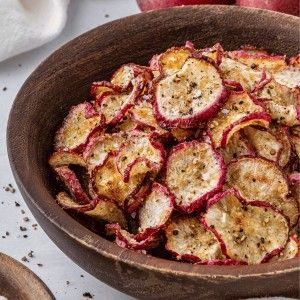 Air Fryer Radish Chips - allairfryerrecipes.com Chips Air Fryer, Air Fryer Banana, Radish Chips, Salad Topping, Lunch Sides, Hcg Recipes, Banana Peppers, Radish Recipes, Sprouts With Bacon