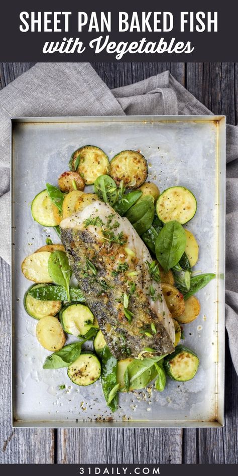 Easy Sheet Pan Baked Fish with Vegetables | 31Daily.com Pan Fish Recipes, Tilapia Recipes Sheet Pan, Sheet Pan Fish And Veggies, Oven Baked Basa Fish Recipes, One Sheet Pan Meals Healthy Fish, Fish With Potatoes Oven Baked, Fish With Vegetables, Easy Sheet Pan Dinner, Oven Baked Fish