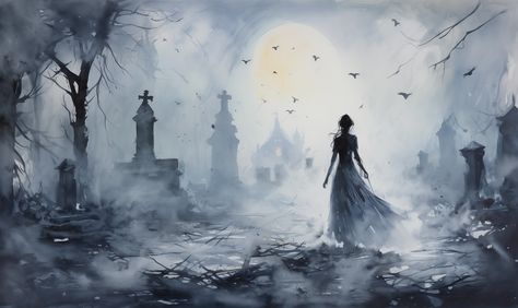 Her Ghost in the Fog. #digitalpainting #artprint #cradleoffilth #watercolor #watercolour #graveyard #samaelfinearts Graveyard Painting, Graveyard Watercolor, Ghost In Forest Drawing, Landscape Ghost Painting, Ghostly Figure Art, Cradle Of Filth, Dark Artwork, Graveyard, Dark Art