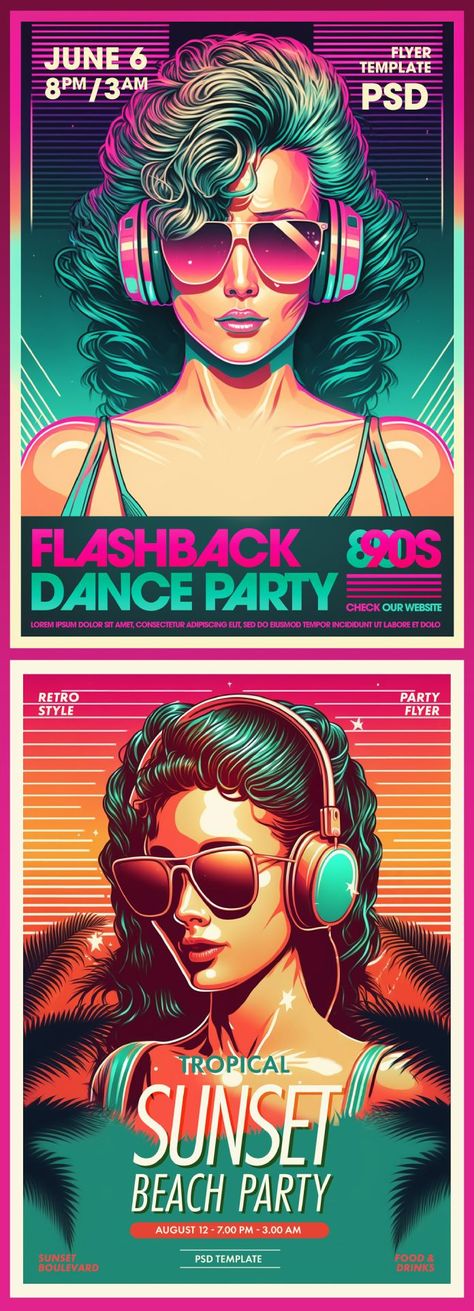 80s & 90s Retro-Style Flyer Templates for Adobe Photoshop Beach Party Food, Music And Fashion, Photoshop Flyer, Crown Tattoo Design, Adobe Creative Cloud, Retro Party, Adobe Creative, Flyer Design Templates, 90s Retro