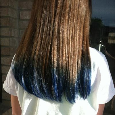 Blue Tips! Looks great with her brown hair. Blue On Brown Hair No Bleach, Blue Hair Tips Brown, Brown Hair With Blue Tips, Anya Hair, Blue Tips Hair, Blue Brown Hair, Salon Offers, Aveda Hair, Blue Tips