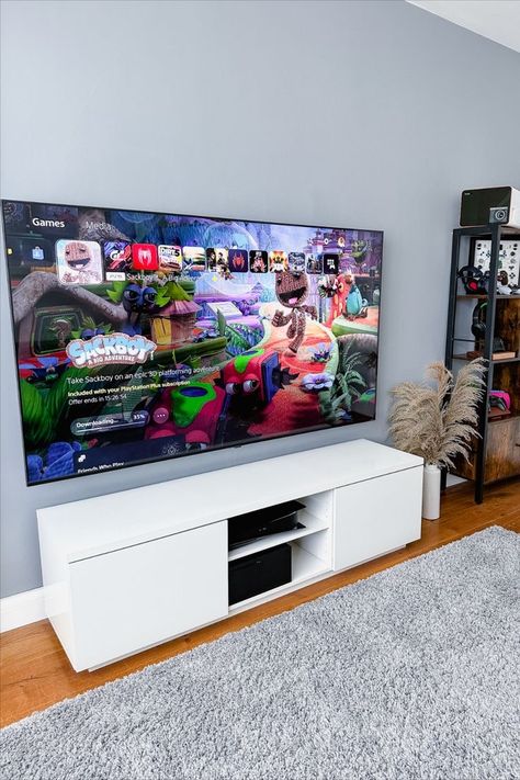 Xbox Setup Living Room, Tv Room Designs Small Spaces, Playstation Setup Living Room, Ps5 Room Setup, Tv Set Design Living Room, Ps5 Setup Living Room, Tv Setup Bedroom, Gaming Tv Setup, Bedroom Tv Setup