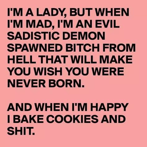 I'm a lady, but when I'm mad, I'm an evil sadistic demon spawned bitch from hell that will make you wish you were never born.  And when I'm happy, I bake cookies and shit. Funny Sayings About Work, Baking Cookies Quotes, Cookies Quotes, Mad Quotes, Cookie Quotes, Funny True Stories, Im A Lady, Funny Ecards, Work Quotes Funny