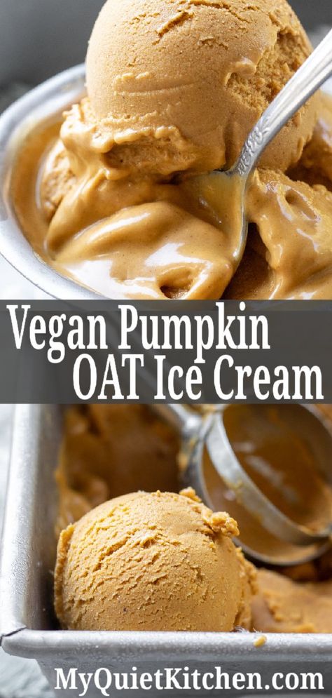 Vegan pumpkin ice cream that will blow your mind. Cooked oats make the creamiest vegan ice cream ever, without any oil or weird ingredients! Low-fat, refined sugar-free, and NOT made with coconut milk! #vegan #icecream #pumpkin #glutenfree #wfpb #healthy Oat Ice Cream, Vegan Pumpkin Ice Cream, Cooked Oats, Low Fat Ice Cream, Vegan Pumpkin Pie Recipe, Vegan Ice Cream Recipe, Pumpkin Oats, Healthy Ice Cream Recipes, Vegan Pantry