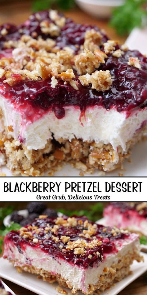 A double photo collage of blackberry pretzel dessert that has a pretzel crust, a cream cheese filling, and topped with a homemade blackberry topping. Strawberries And Blackberries Recipes, Desserts To Take To Work, Pitch In Desserts, Berry Pretzel Dessert, Easy Recipes For Crowd, My Incredible Recipes.com Desserts, Recipes With Blackberry Jam, Best Easy Desserts For A Crowd, Easy Dessert To Feed A Crowd