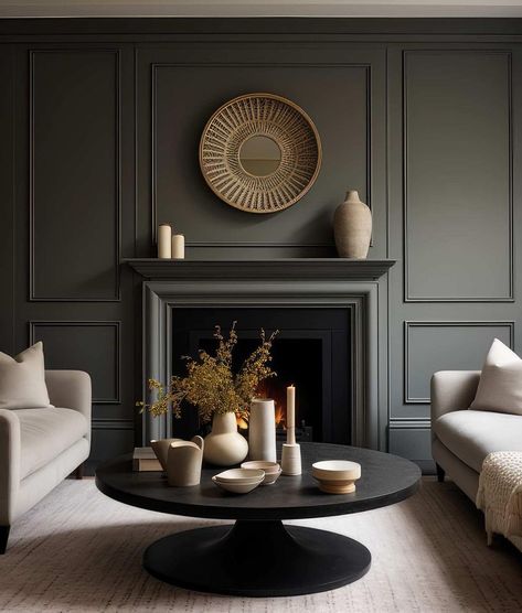 Floors, Walls, Doors, etc • Instagram Dark Grey Fireplace Wall, Fireplace Green Wall, Green Panelling Living Rooms, Wainscoting Fireplace Wall, Georgian Lounge, Sw Grays Harbor, Sw Distance, Bm Vintage Vogue, Lounge Feature Wall