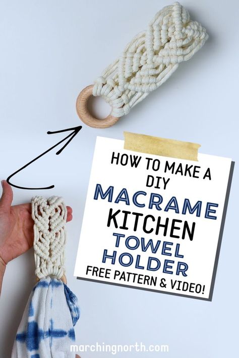 Learn how to make this cute and boho macrame kitchen towel holder with this step by step free pattern and video tutorial! It's perfect for the holidays, or all year round! | boho diy | free macrame patterns | easy macrame tutorial | macrame aesthetic Macrame Oven Towel Holder, Macrame Towel Ring Pattern, Home Made Macrame, How To Make A Hanging Kitchen Towel, Macrame Hand Towel Holder Tutorial, Macrame Towel Ring Tutorial, Kitchen Towel Hanger Diy, Kitchen Towel Hangers, Macrame Pot Holder Diy