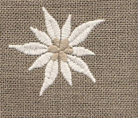 White cotton edelweiss flower on linen. Alpine Flowers, Edelweiss Flower, Rock Hudson, Thread Painting, Pillow Talk, Silk Embroidery, Embroidery Techniques, Hand Embroidery Designs, Embroidery Projects