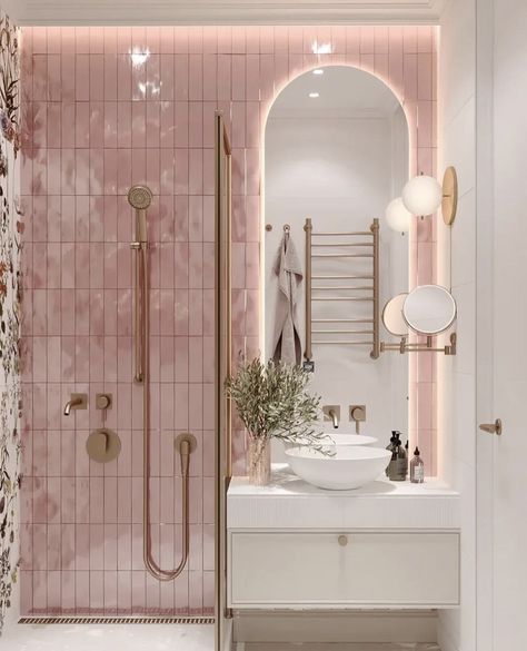 Interior Boho, تصميم داخلي فاخر, Pink Tiles, Dream House Rooms, Bathroom Inspiration Decor, Girls Bathroom, Pink Bathroom, House Decorating, Dream House Interior