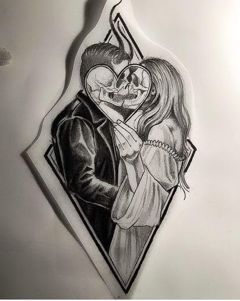 Man And Woman Sketch, Dark Love Tattoo, Skull Love Couple, Dark Romance Tattoo, Tato Art, Skeleton Couple Tattoo, Lover Tattoo Ideas, Angel Devil Tattoo, Cartoon Tattoo Ideas