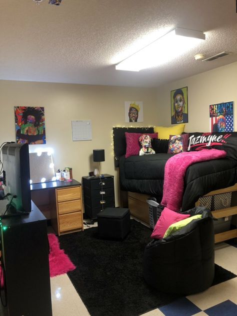 Black College Dorm Aesthetic, Pink And Black Dorm Room Aesthetic, Hbcu Dorm Ideas Black, Black And Pink Dorm Room Ideas, Black Theme Dorm Room, College Dorm Black Women, Dorm Room Ideas Black, Black Dorm Room, Black Dorm Room Ideas