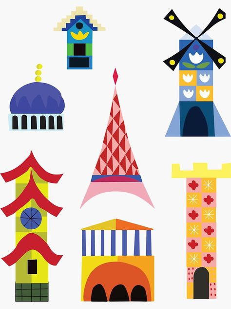 "It's a small World inspired buildings" Sticker for Sale by mepr1998 | Redbubble Its A Small World Aesthetic, Building Sticker, It's A Small World, Its A Small World, Small World Disneyland, Disney Invitations, It’s A Small World, Birthday Party At Home, Cartoon Ships