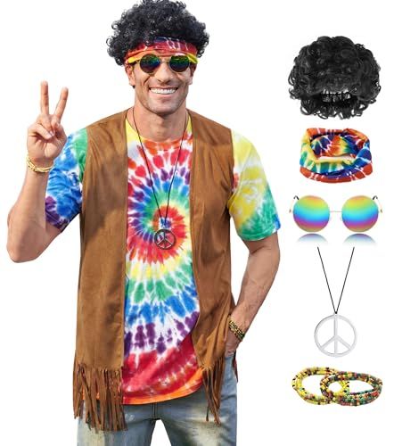 Hippie Costume for Men Women Accessories Cotton Tie Dye Shirt Adult Halloween 60s 70s Outfits Hippie Men Gifts, Yeeyee Shirts, Hippie Theme Football Game, Favorite Album Costume, Hippie Outfits Hombre, Hippie Outfits 60s, 60s 70s Outfits, Hippie Outfits Men, Panto Costumes