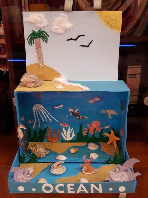 Beach Diarama Ideas Kids, Aquatic Ecosystem Project, Marine Ecosystem Project, Ocean Diaroma Ideas, Fake Aquarium Diy, Ocean Habitat Project For Kids, Ocean Diorama Project Under The Sea, Ocean Ecosystem Project, Ocean Diorama Project