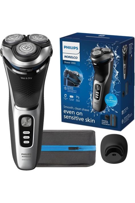 Philips Norelco Shaver 3900 with 27 self-sharpening ComfortCut Blades, 5D Pivot & Flex Heads, designed for a smooth, clean shave. Includes protective cap, travel pouch, charging stand, and USB-A cable (adapter not included), offering both dry and wet shaving options. Wet Shave, Clean Shave, Wet Shaving, Travel Storage, Shaved Hair, Storage Pouch, Travel Pouch, Electric Shaver, Wet And Dry