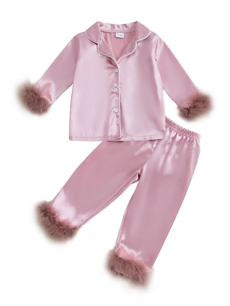 Buy Suealasg Little Girl Satin Pajama Set Fuzzy Trim Long Sleeve Button Down Tops Elastic Waist Pants 1T 2T 3T 4T 5T Toddler Kids Girls 2Pcs Sleepwear Outfits Set at Walmart.com Mixed Toddler, Sleepwear Outfits, Kids Pajamas Girls, Satin Pajamas Set, Silk Pyjamas, Lounge Bedroom, Satin Pajama Set, Pyjama Satin