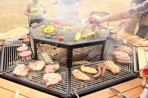 grill with table seating | Every guest can cook their own steak on this octagonal JAG Grill table Long Picnic Table, Table With Fire Pit, Park Grill, Fire Pit Pizza, Small Fire Pit, Rustic Fire Pits, Bbq Table, Octagon Table, Grill Table