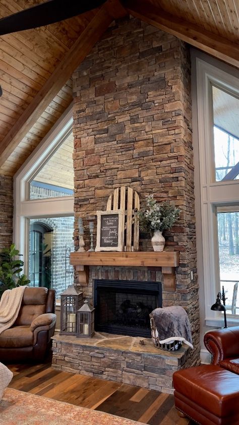 Stone Fireplace With Cathedral Ceiling, Stone Fireplace Floor To Ceiling Farmhouse, Cabin Fireplace Ideas Stone, Country Home Fireplace, Mountain Stone Fireplace, Rustic House Fireplace, Stone Fireplace Floor To Ceiling Rustic, Floor To Ceiling Fireplace Stone, Corner Fireplace With Built Ins On Side