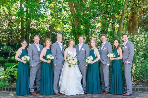 Teal Bridesmaid Dresses and Gray Suits | Dana Cubbage Weddings | Charleston, SC Dark Teal And Grey Wedding, Teal Wedding Party, Teal And Gray Wedding, Teal Bridal Party, Teal Groomsmen, Dark Teal Bridesmaid Dresses, Teal And Grey Wedding, Dr Wedding, Dark Teal Weddings