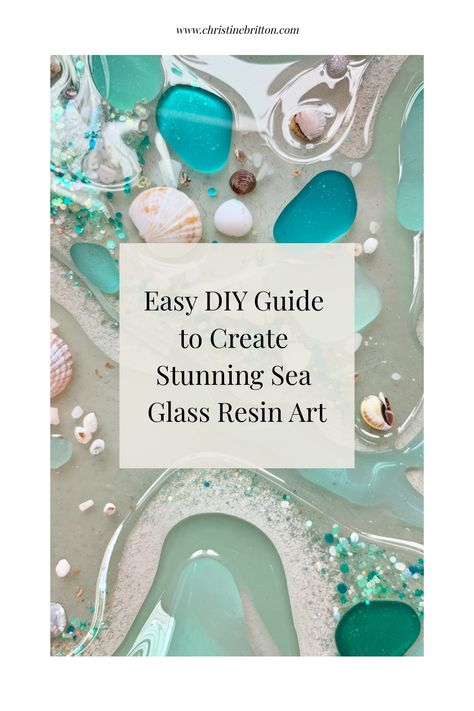 Easy DIY guide with seashells and turquoise resin art background. Sea Glass Epoxy Resin Diy, Easy Diy Resin Projects, Resin Art Frame Ideas, Sea Glass Window Art Diy, Crushed Glass Crafts Diy, Resin Beach Art Tutorial, Sea Glass Crafts Ideas, Crushed Glass Resin Art, Sea Glass Display