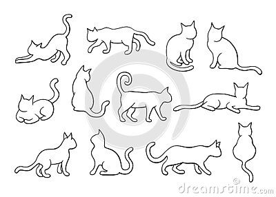 Cat illustration set, outline silhouette, line art. Collection of cats in different position, standing, walking, lying, sitting, with black outline, isolated on white background, Back Of Cat Drawing, Cat Drawing Standing, Basic Cat Tattoo, Running Cat Tattoo, Cat Walking Tattoo, Cat Meowing Drawing, Cat Standing Drawing, Black Cat Outline Tattoo, Simple Cat Tattoo Outline