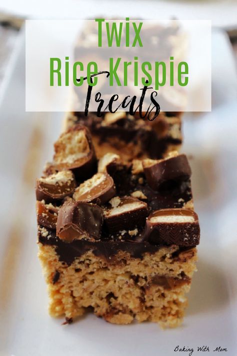 Delicious classic rice krispie treats with a twist. Twix candy bars and peanut butter blend to make a classic favorite unique. Twix Rice Krispie Treats, Treats With Peanut Butter, Rice Krispie Treats Variations, Corn Balls, Homemade Rice Krispies, Business Bakery, Twix Candy, Rice Crispie, Rice Krispie Bars