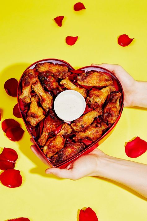 On Valentine's Day, say it with wings. Valentines Day Chicken Wings, Shape Of Heart, The Munchies, Ice Cold Beer, Valentines Day Food, Wing Sauce, Chicken Wing, Hot Wings, Rice Wine Vinegar