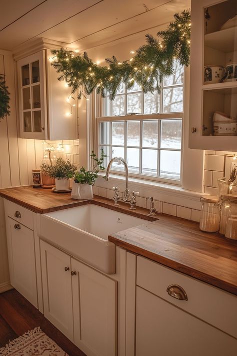 A Christmas-themed kitchen counter with cozy holiday decor. Christmas Decor Ideas Kitchen Island, Farmhouse Island Decor, Christmas Countertop Decor Ideas, Christmas Kitchen Counter, Minimalist Kitchen Counter, Modern Farmhouse Island, Island Countertop Decor, How To Decorate Kitchen Countertops, Kitchen Counter Styling Ideas