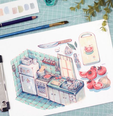 Watercolor Illustration Art, Cute Kitchen Drawing, Watercolor Illustration Ideas, Kitchen Illustration Drawings, Tomato Sketch, Watercolor Art Cute, Recipe Watercolor, Watercolor Room, Watercolors Drawings