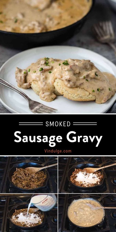 This Smoked Sausage Gravy is a southern breakfast recipe classic with an added smoky flavor. Our Sausage Gravy starts by smoking the sausage, and then adding layers of flavor into the gravy for a savory jam-packed bite. This recipe provides an easy way to add a ton of flavor to your favorite breakfast biscuits. Smoked Biscuits And Gravy, Breakfast Smoker Recipes, Smoked Brunch Ideas, Traeger Breakfast Recipes, Smoker Breakfast Recipes, Smoked Breakfast Recipes, Sausage Gravy For Biscuits, Recipe With Biscuits, Green Mountain Grill Recipes