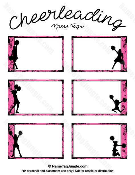 Free printable cheerleading name tags. Each name tag features a pink grunge border with silhouettes of cheerleaders. The template can also be used for creating items like labels and place cards. Download the PDF at http://nametagjungle.com/name-tag/cheerleading/ Cheer Printables Free, Cheer Favors, Cheerleading Team Gifts, Cheer Snacks, Cheerleading Signs, Cheer Crafts, Cheerleading Camp, Cheerleader Party, Football Cheerleading