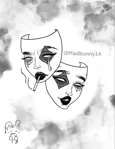 Beautiful Tragedy Comedy Mask Tattoo Design Two Masks Drawing, Masks Drawings Ideas, Clown Flash Art, Comedy Drama Masks Tattoo, Drama Tattoo Mask, Theater Masks Tattoo, Two Mask Tattoo, Drama Mask Drawing, Comedy Mask Tattoo