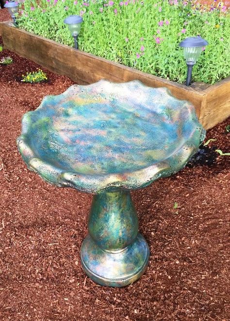 I bought a cement birdbath about a month ago from Walmart. I've always liked birdbaths, but have not owned one due to the cost. The ones I've seen in the past have always been over $100 and I just didn't feel like spending that kind of $$ on one. Then, when I was at Walmart one day, I thought I'd stroll through the garden statues they had in the parking lot. I asked one of the employees how much the birdbaths were and he said $24.99. $24.99????!!!! I must have one! So, I bought one and… Painted Bird Bath, Diy Birdbaths, Cement Bird Bath, Birdbath Ideas, Bath Painting, Aging Terra Cotta Pots, Faux Painting Techniques, Backyard Decorating, Cement Ideas