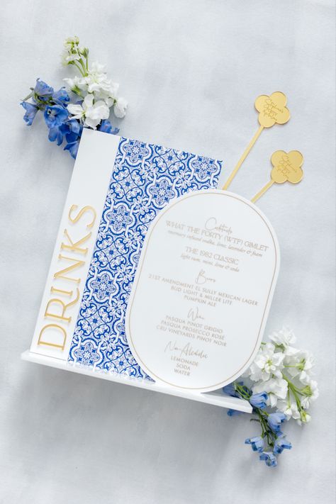 Blue And White Wedding Signage, Santorini Party, Asian Wedding Invitations, Talavera Wedding, Greece Party, Menu Signage, Acrylic Bar, Bar Signage, Couples Bridal Shower