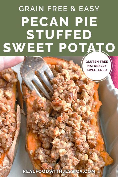 These Pecan Pie Twice Baked Sweet Potatoes are easy, sweet, and have the best crumb topping. They are gluten free, low FODMAP and naturally sweetened. #grainfree #easy #glutenfree #lowfodmap #healthy | realfoodwithjessica.com @realfoodwithjessica Paleo Carbs, Paleo Sweet Potato Casserole, Gf Thanksgiving, Gluten Free Low Fodmap, Twice Baked Sweet Potatoes, Pecan Pie Easy, Baked Sweet Potatoes, Paleo Sides, Gluten Free Potatoes